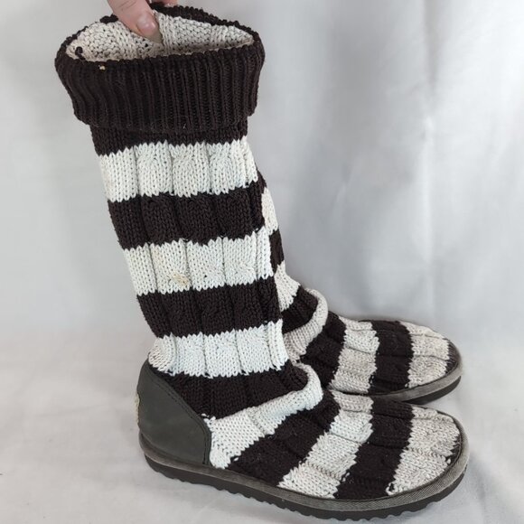 UGG Australia Striped Knit Sock Boots Brown Cream White Women US 7 Leather 5822 - Picture 2 of 15